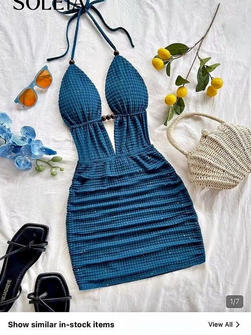 SHEIN SOLEIA Beaded Halter Neck Ruched Bodycon Dress Blue